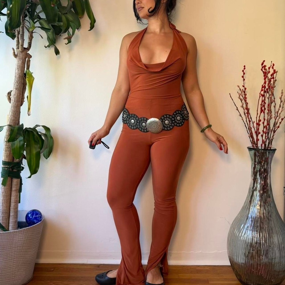 Pretty Little Thing Rust Cowl Neck Halter Flared Jumpsuit Orange Size 6 NWT
